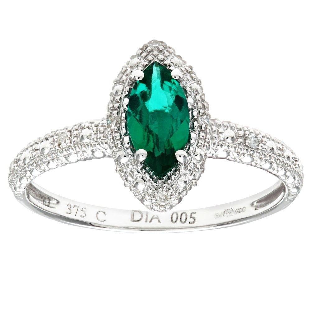 SPARKLD 9ct White Gold Round Brilliant Cut Created Marquise Emerald and 0.05ct Diamond Cluster Ring