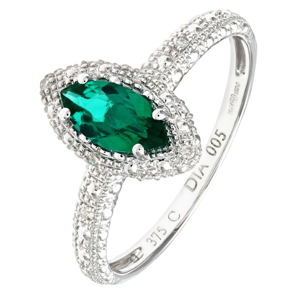 SPARKLD 9ct White Gold Round Brilliant Cut Created Marquise Emerald and 0.05ct Diamond Cluster Ring
