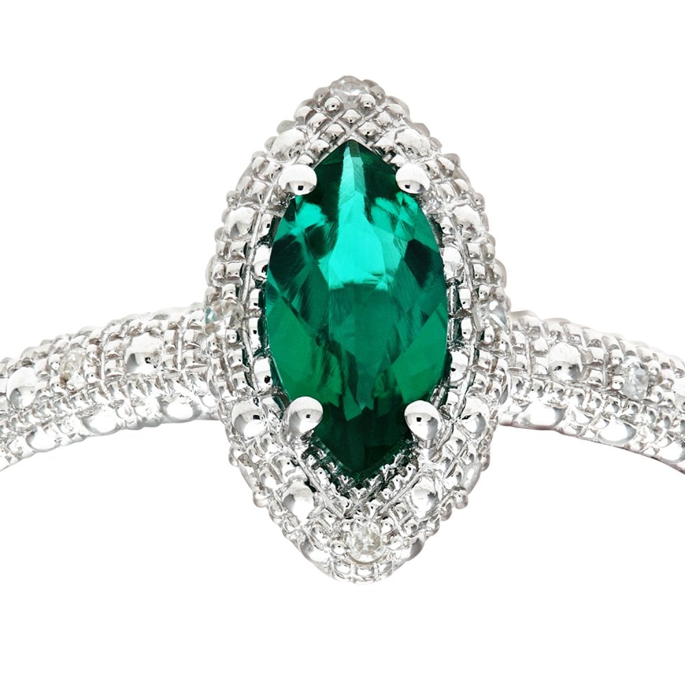 SPARKLD 9ct White Gold Round Brilliant Cut Created Marquise Emerald and 0.05ct Diamond Cluster Ring