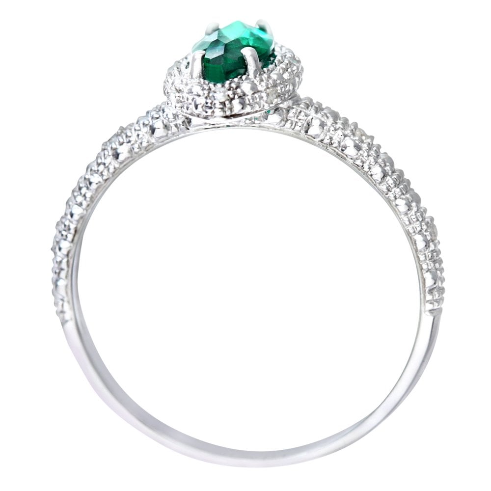 SPARKLD 9ct White Gold Round Brilliant Cut Created Marquise Emerald and 0.05ct Diamond Cluster Ring