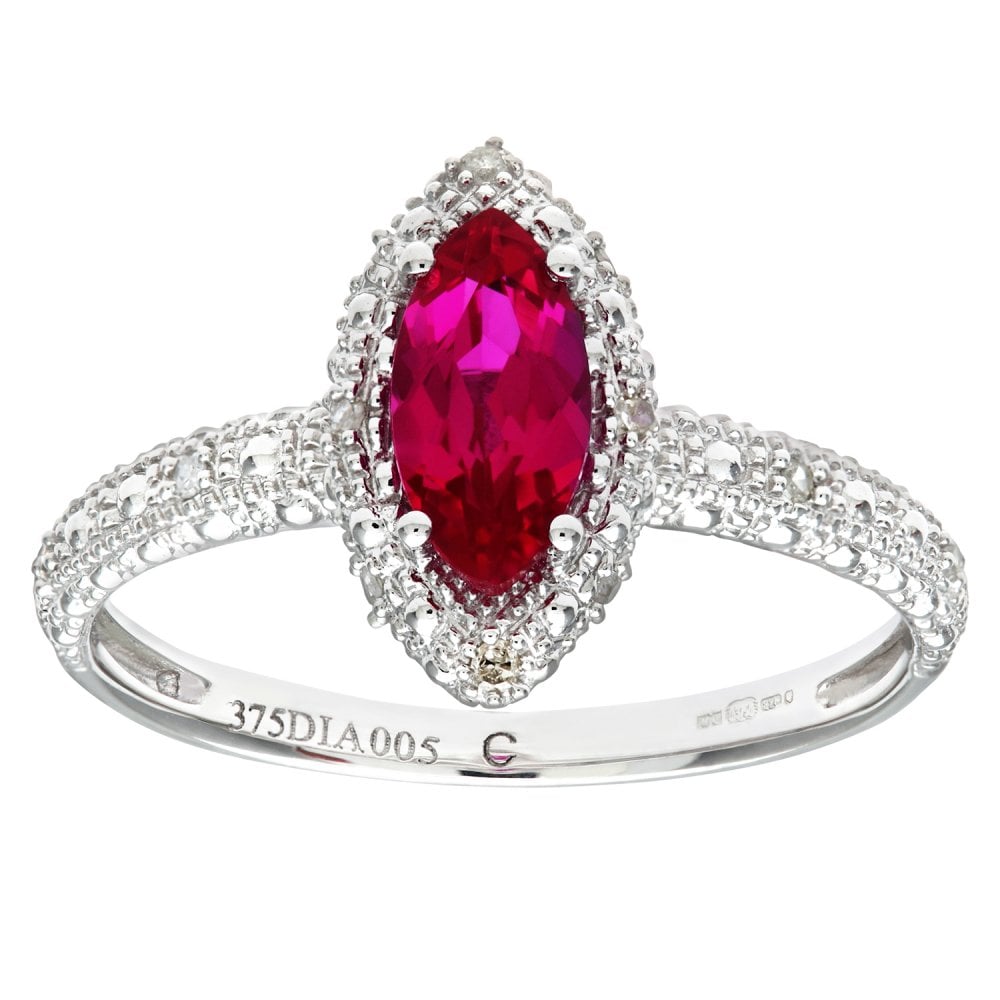 SPARKLD 9ct White Gold Created Ruby and 0.05ct Diamond Marquise Cluster Ring