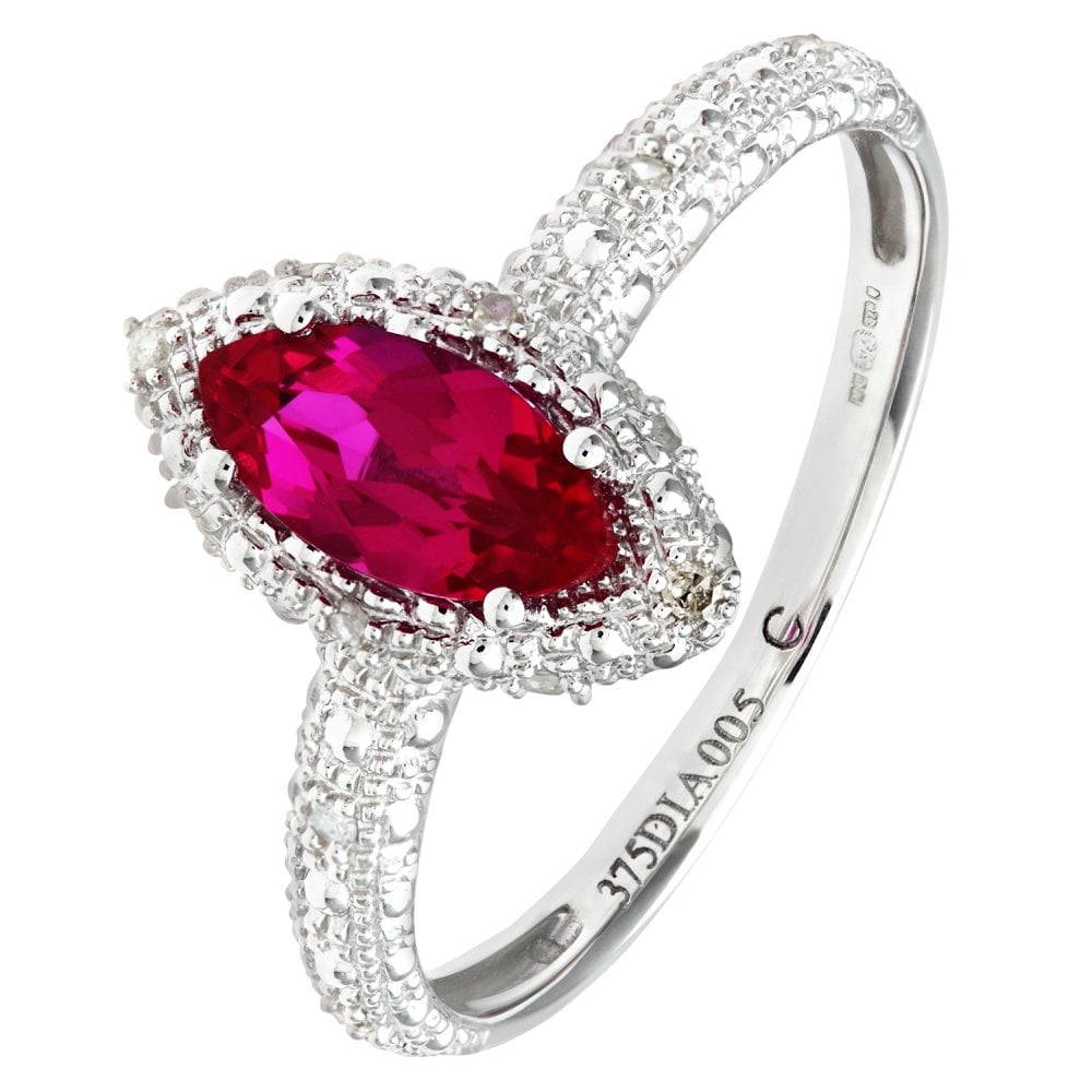SPARKLD 9ct White Gold Created Ruby and 0.05ct Diamond Marquise Cluster Ring