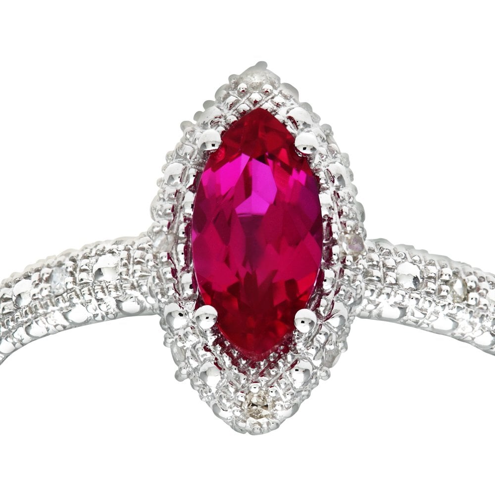 SPARKLD 9ct White Gold Created Ruby and 0.05ct Diamond Marquise Cluster Ring