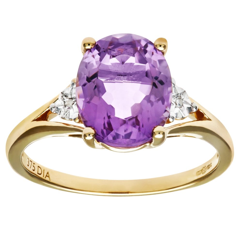 SPARKLD 9ct Yellow Gold Round Brilliant Cut Oval Amethyst and 0.01ct Diamond Ring