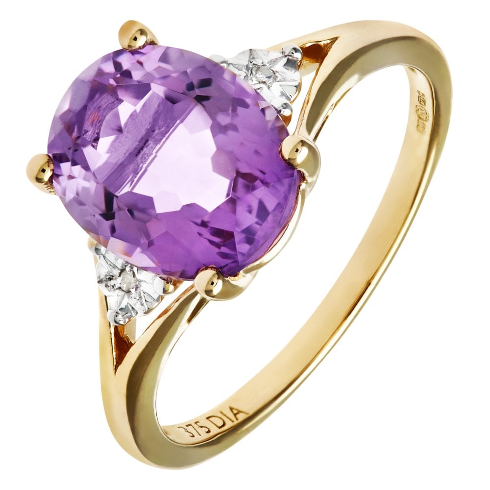 SPARKLD 9ct Yellow Gold Round Brilliant Cut Oval Amethyst and 0.01ct Diamond Ring