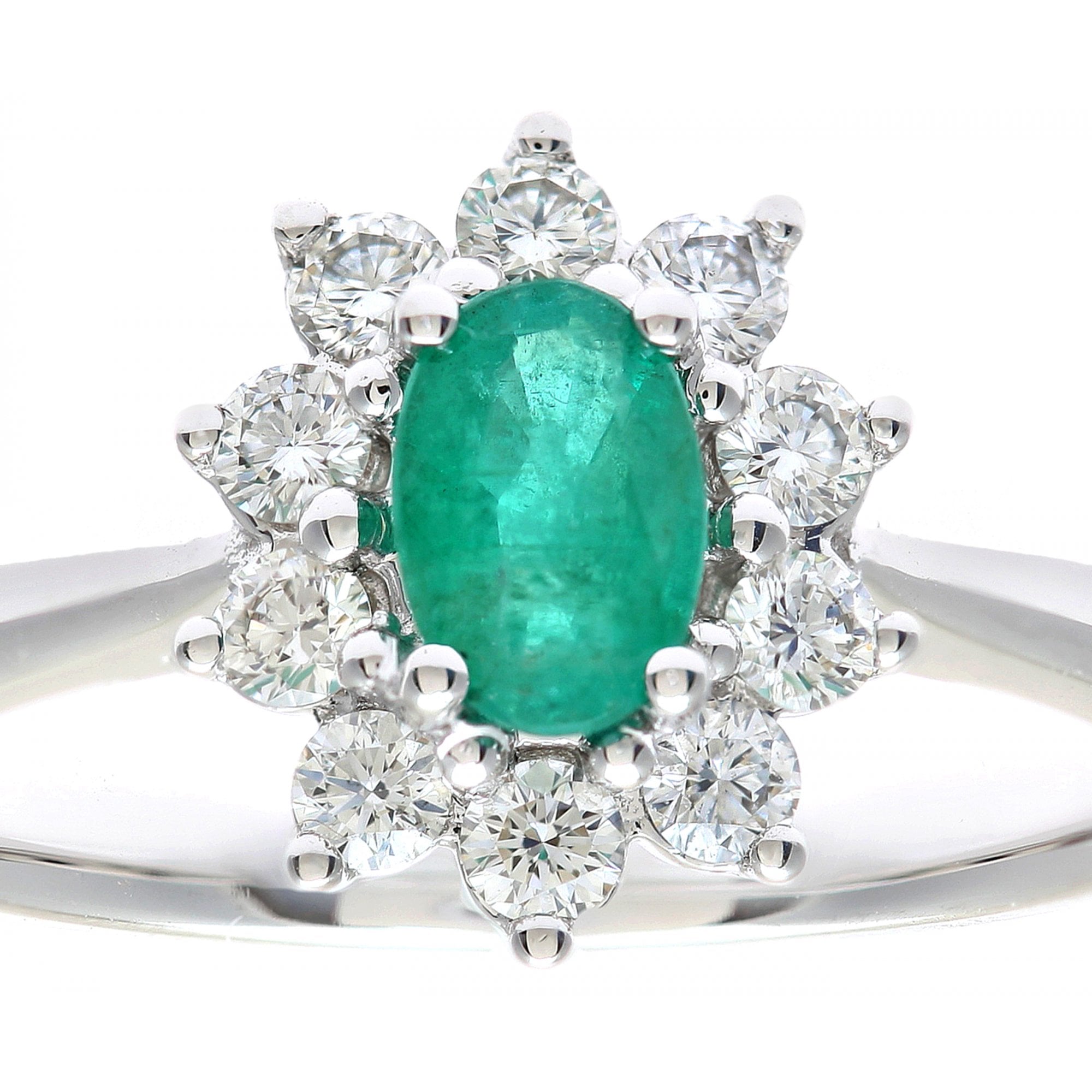 SPARKLD 18ct White Gold Round Brilliant Cut 0.33ct Diamond Cluster and Emerald Ring
