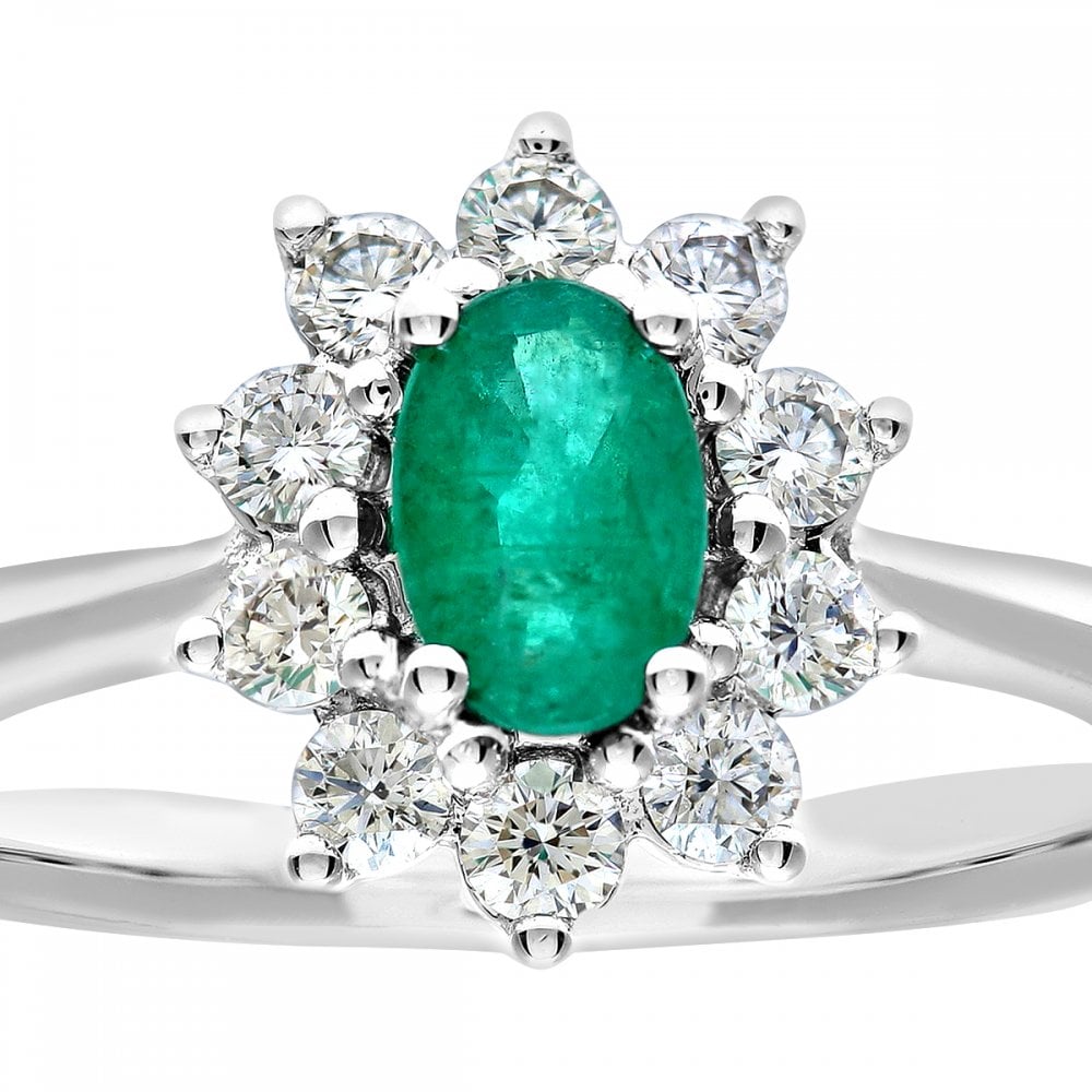 SPARKLD 18ct White Gold Round Brilliant Cut 0.33ct Diamond Cluster and Emerald Ring