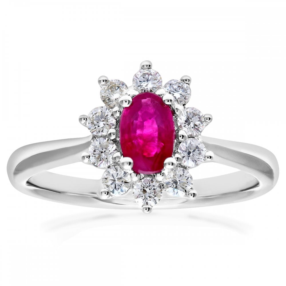 SPARKLD 18ct White Gold Round Brilliant Cut 0.33ct Diamond Cluster and Ruby Ring