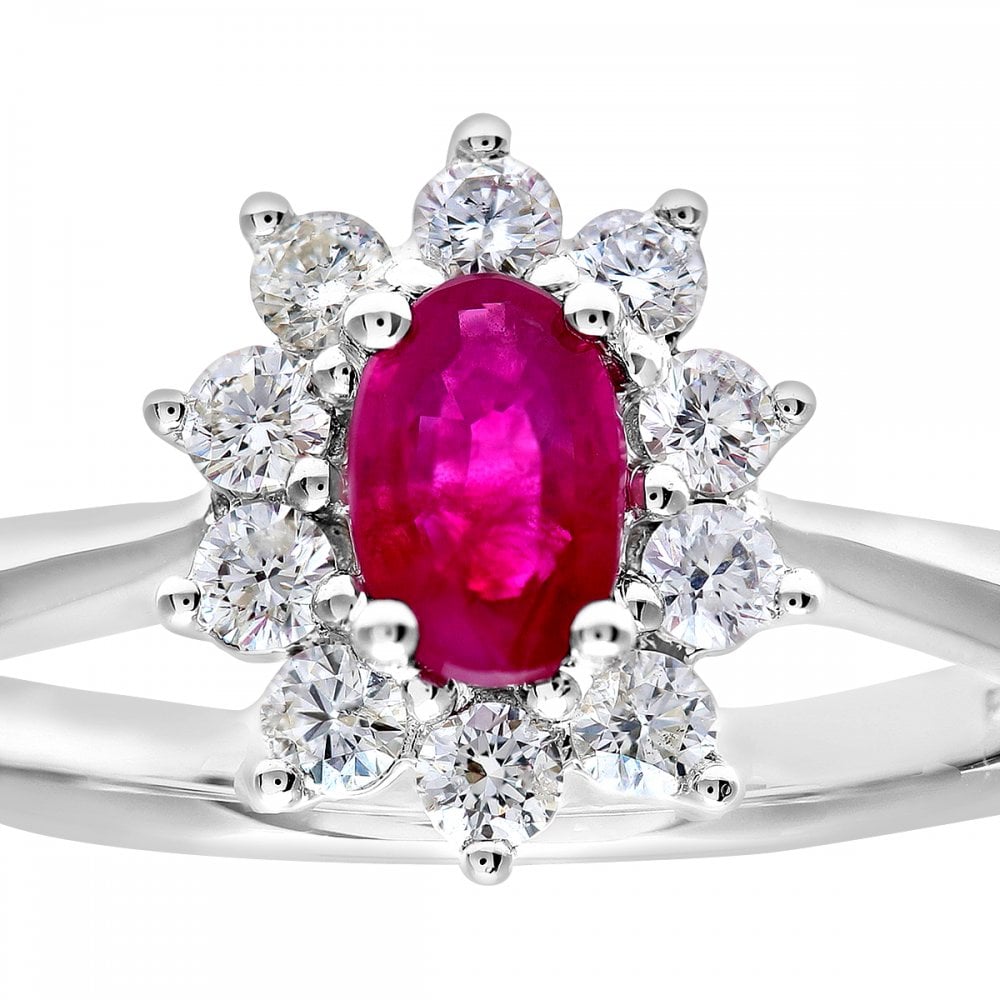 SPARKLD 18ct White Gold Round Brilliant Cut 0.33ct Diamond Cluster and Ruby Ring