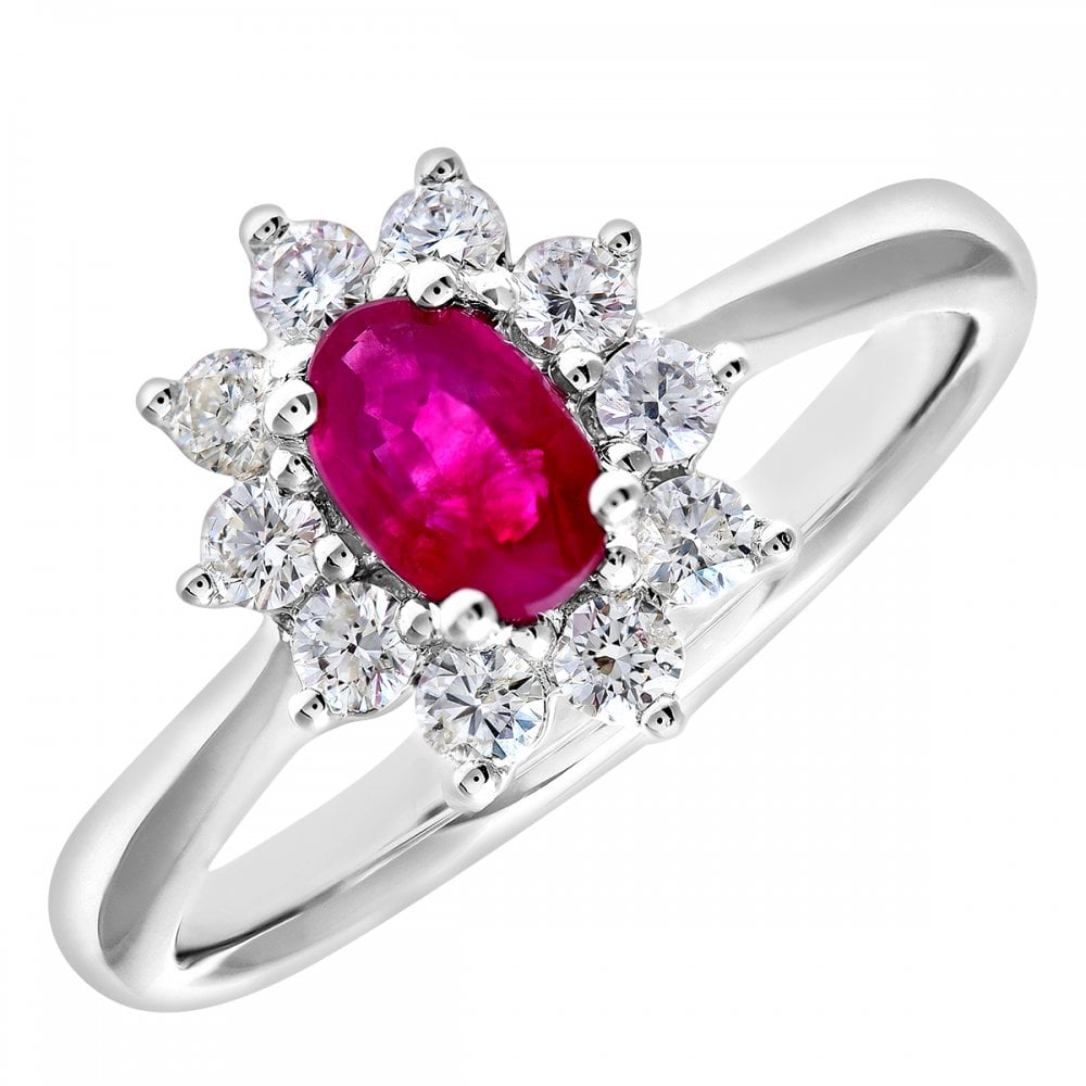 SPARKLD 18ct White Gold Round Brilliant Cut 0.33ct Diamond Cluster and Ruby Ring