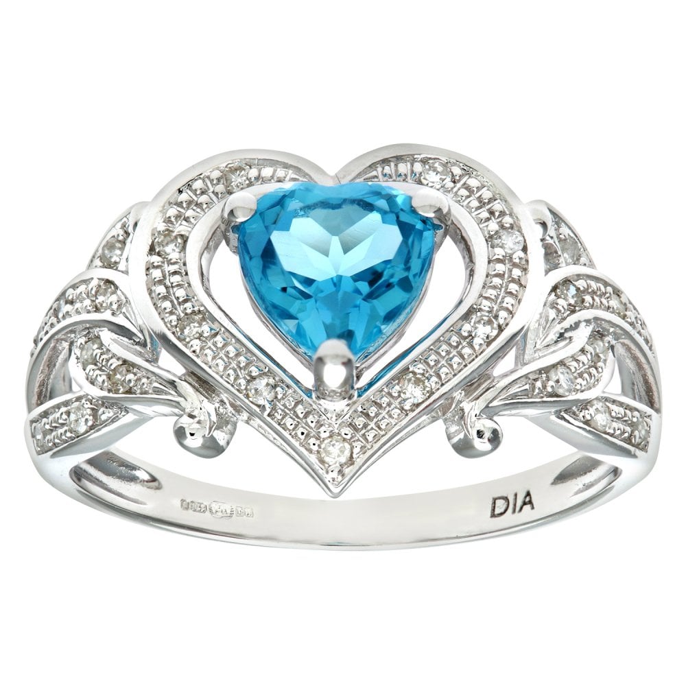 SPARKLD 9ct White Gold Round Brilliant Cut 0.10ct Diamond and Heart Blue Topaz Ring