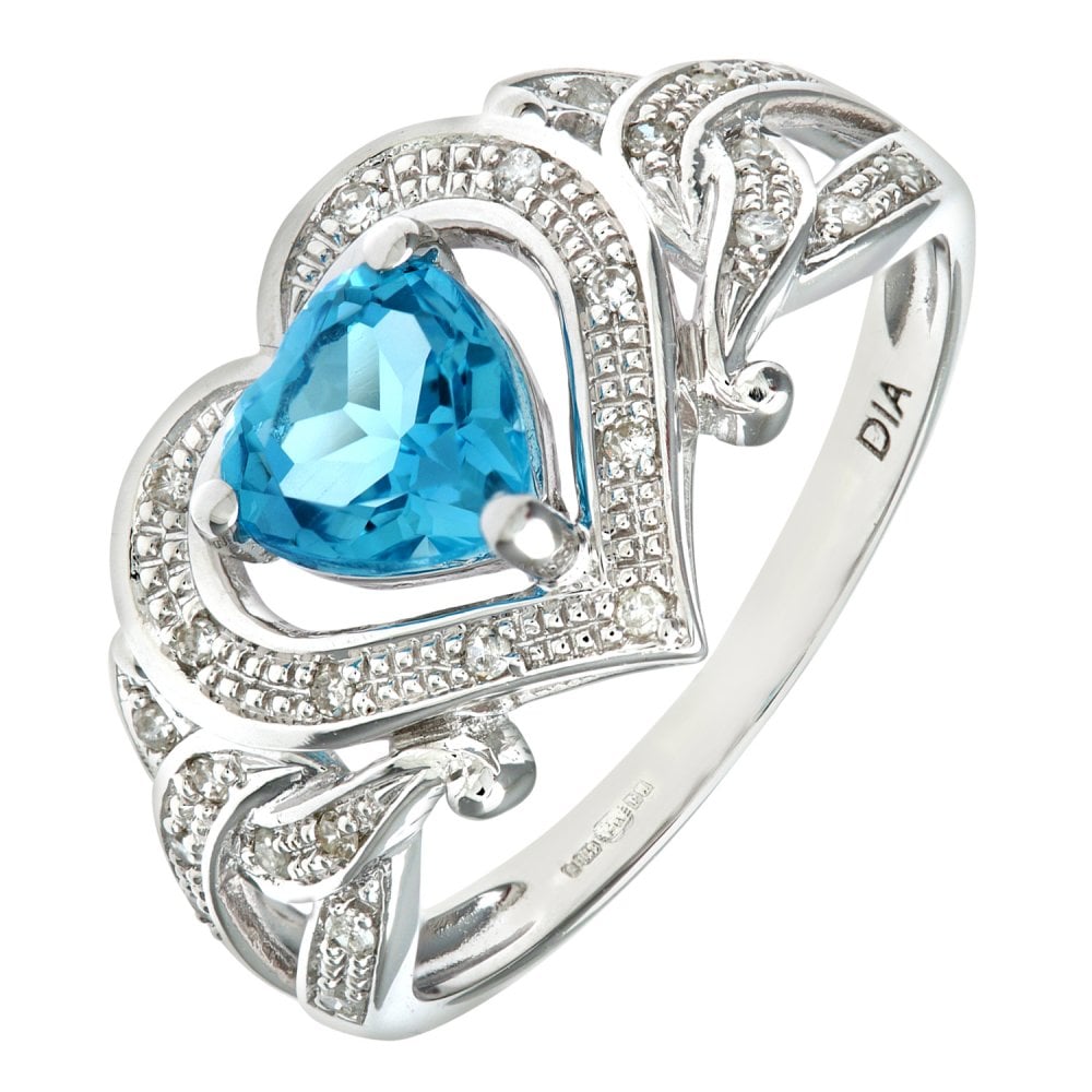 SPARKLD 9ct White Gold Round Brilliant Cut 0.10ct Diamond and Heart Blue Topaz Ring
