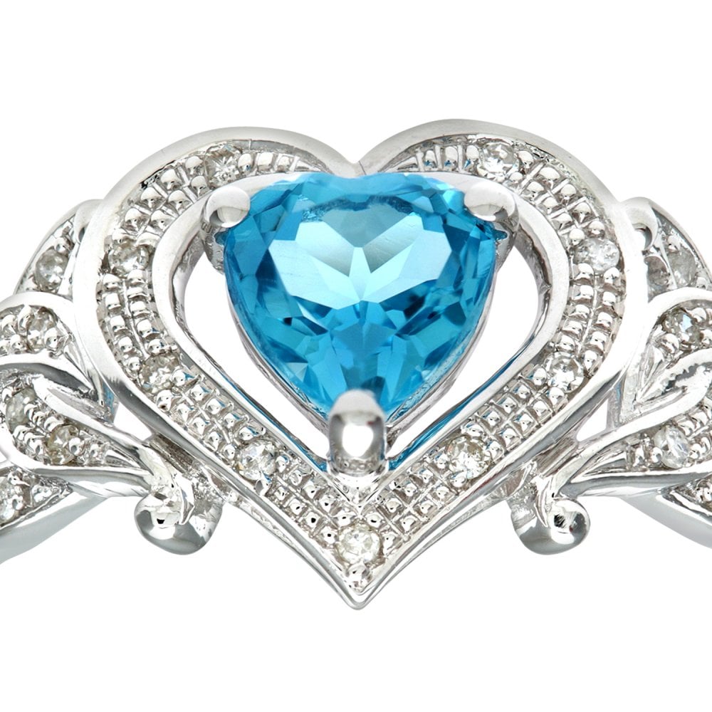SPARKLD 9ct White Gold Round Brilliant Cut 0.10ct Diamond and Heart Blue Topaz Ring