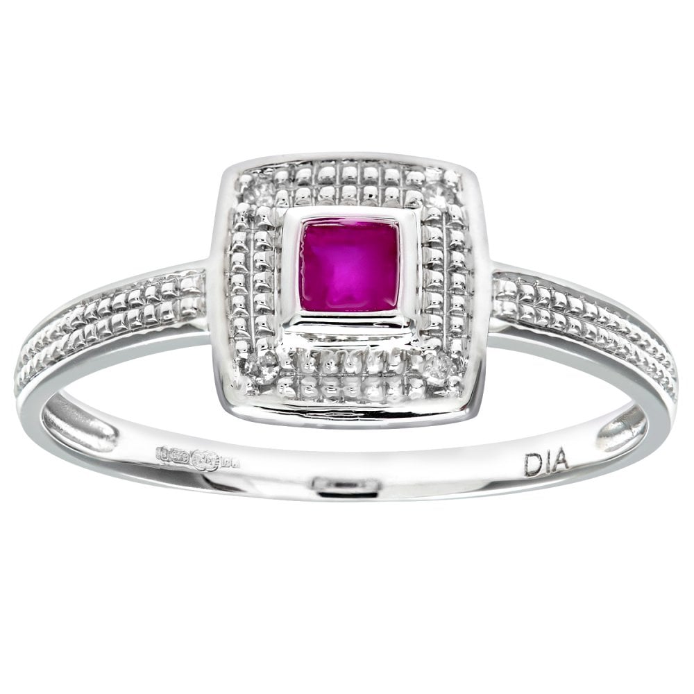 SPARKLD 9ct White Gold Round Brilliant Cut 0.02ct Diamond Cluster and Ruby Ring