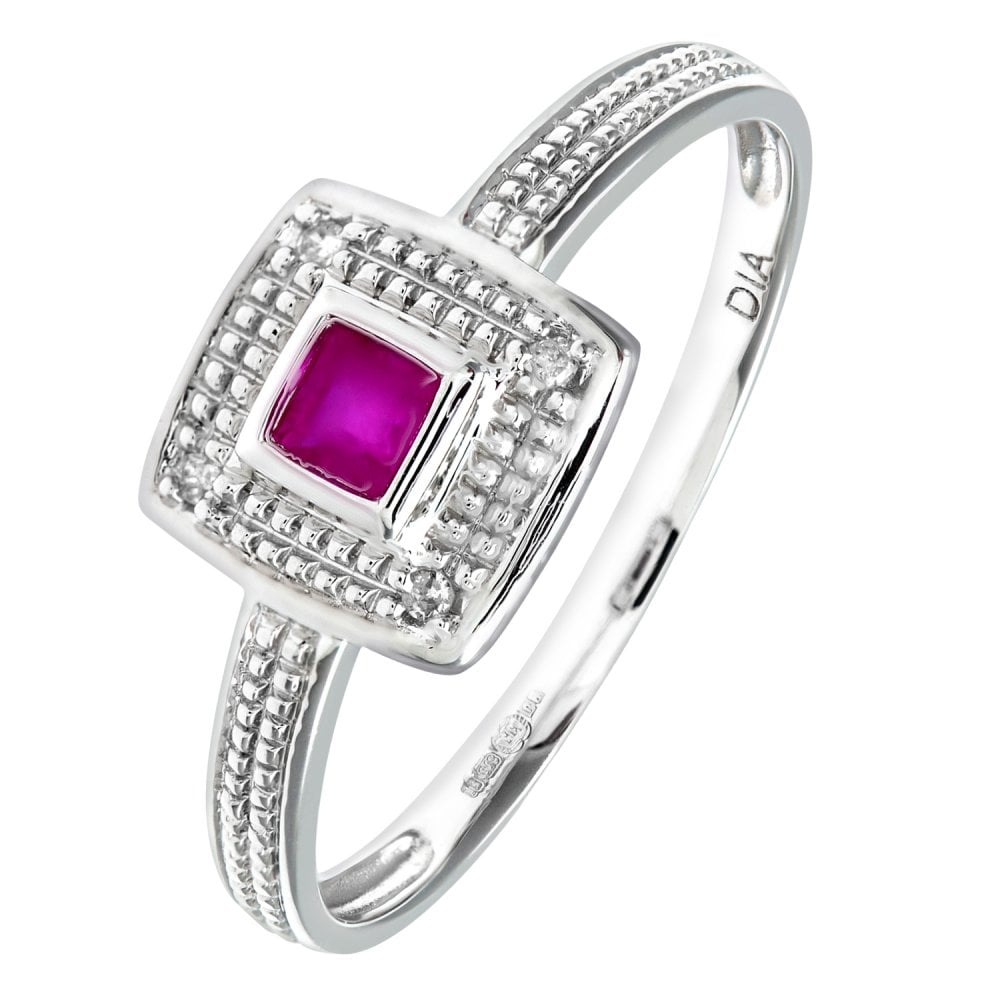 SPARKLD 9ct White Gold Round Brilliant Cut 0.02ct Diamond Cluster and Ruby Ring