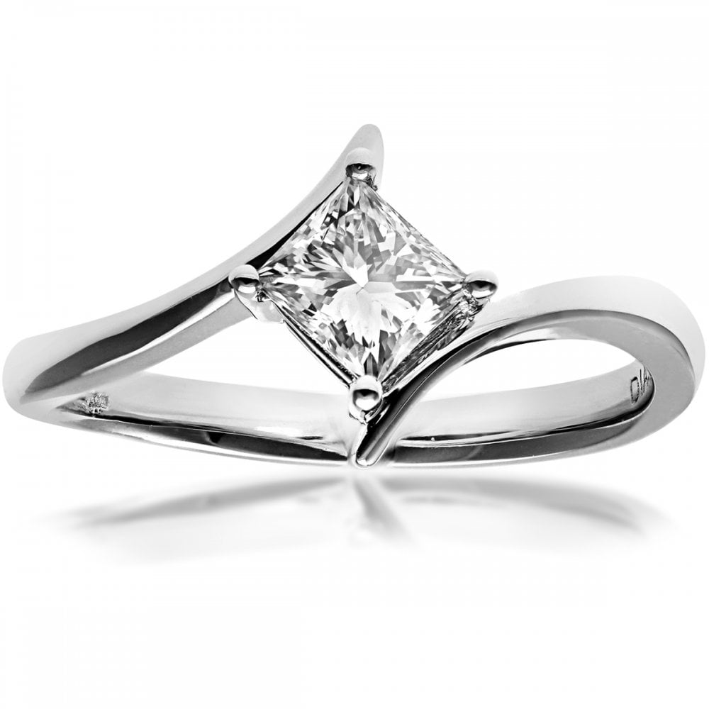 SPARKLD 18ct White Gold J/I1 Certified Princess Cut 0.50ct Diamond Crossover Solitaire Engagement Ring
