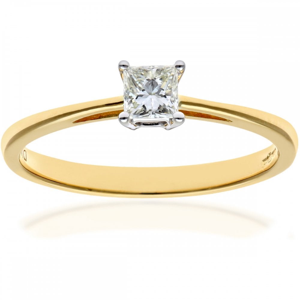 SPARKLD 18ct Yellow Gold Four Claw J/I Certified Princess Cut 0.25ct Diamond Solitaire Engagement Ring