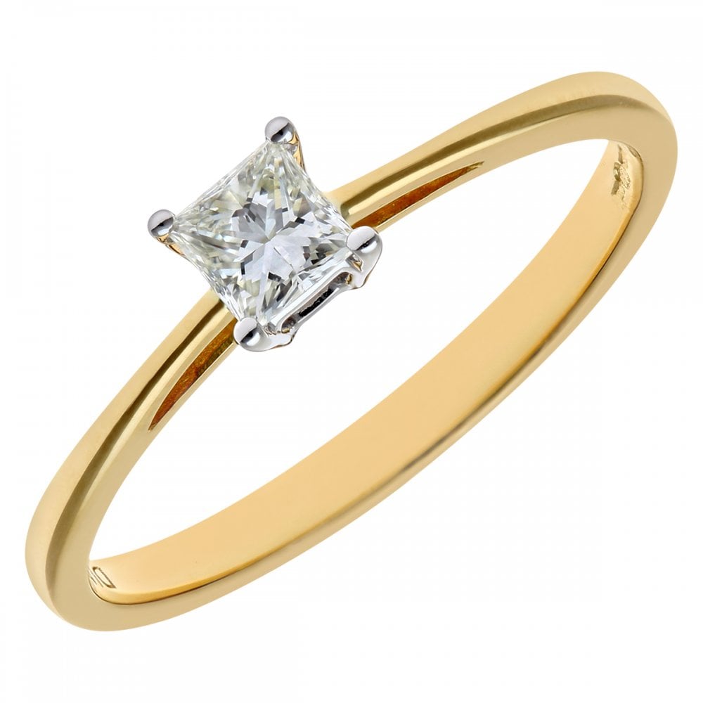SPARKLD 18ct Yellow Gold Four Claw J/I Certified Princess Cut 0.25ct Diamond Solitaire Engagement Ring