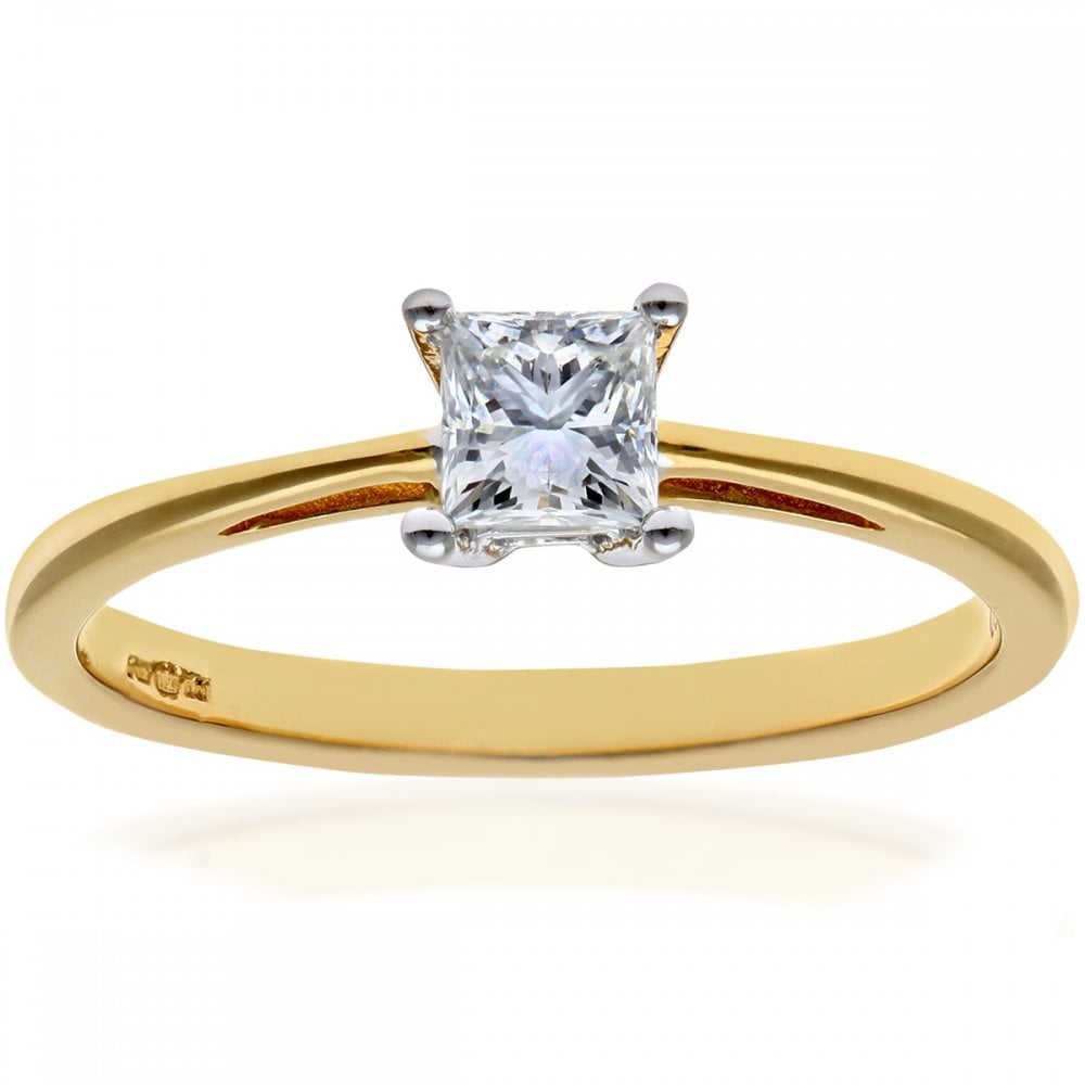 SPARKLD 18ct Yellow Gold Four Claw J/I Certified Princess Cut 0.33ct Diamond Solitaire Engagement Ring