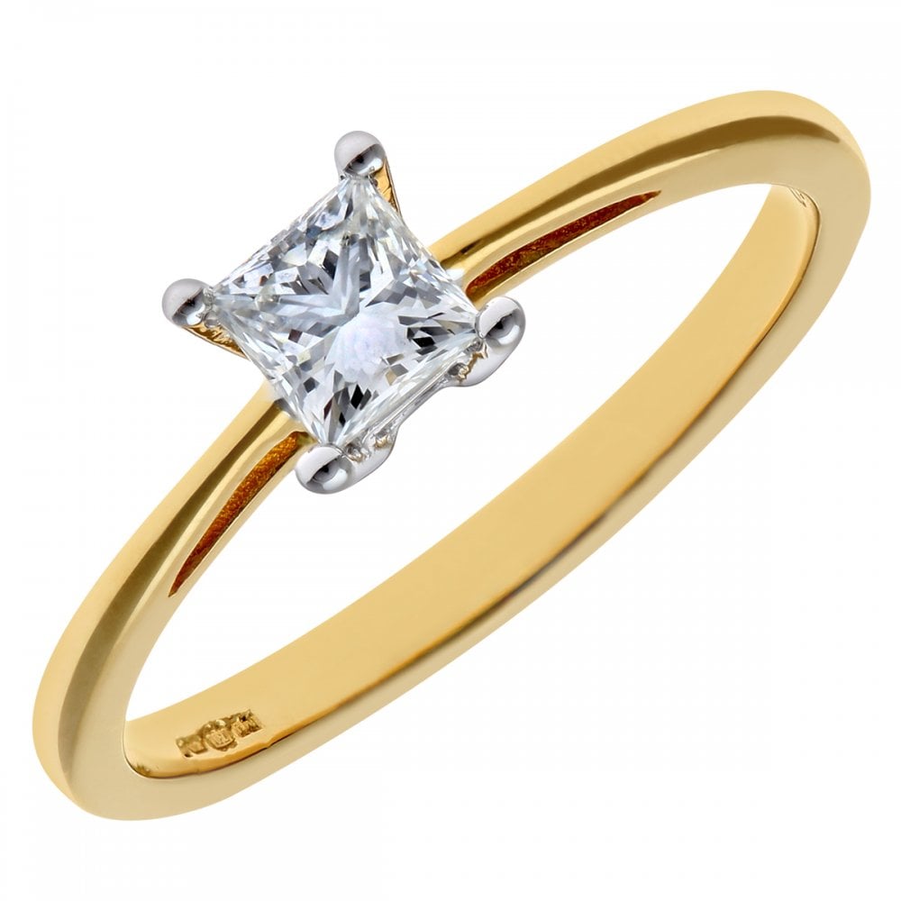 SPARKLD 18ct Yellow Gold Four Claw J/I Certified Princess Cut 0.33ct Diamond Solitaire Engagement Ring