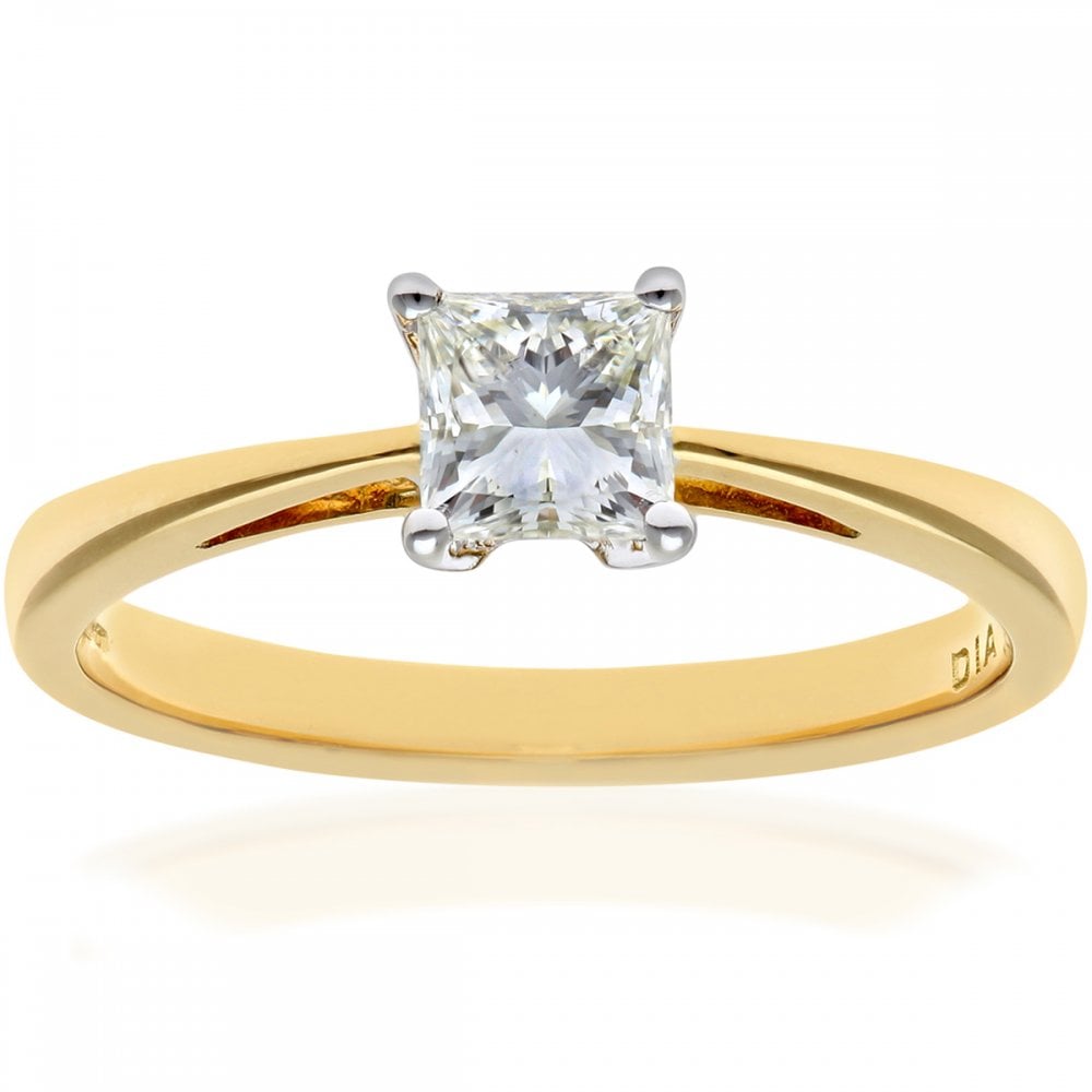 SPARKLD 18ct Yellow Gold Four Claw J/I Certified Princess Cut 0.50ct Diamond Solitaire Engagement Ring