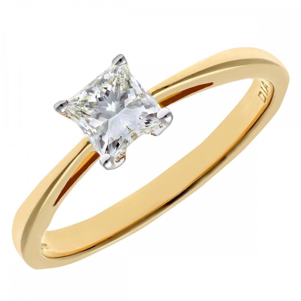 SPARKLD 18ct Yellow Gold Four Claw J/I Certified Princess Cut 0.50ct Diamond Solitaire Engagement Ring