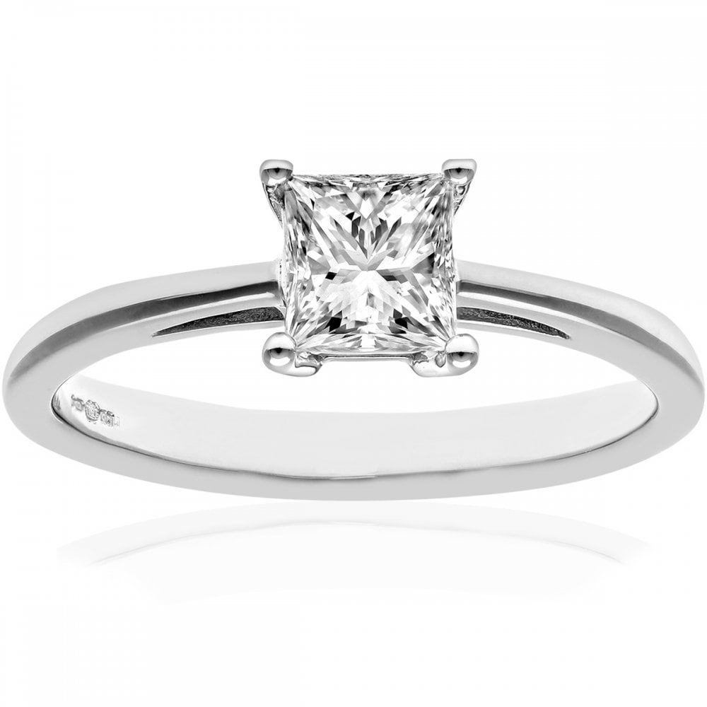 SPARKLD 18ct White Gold Four Claw J/SI Certified Princess Cut 0.75ct Diamond Solitaire Engagement Ring
