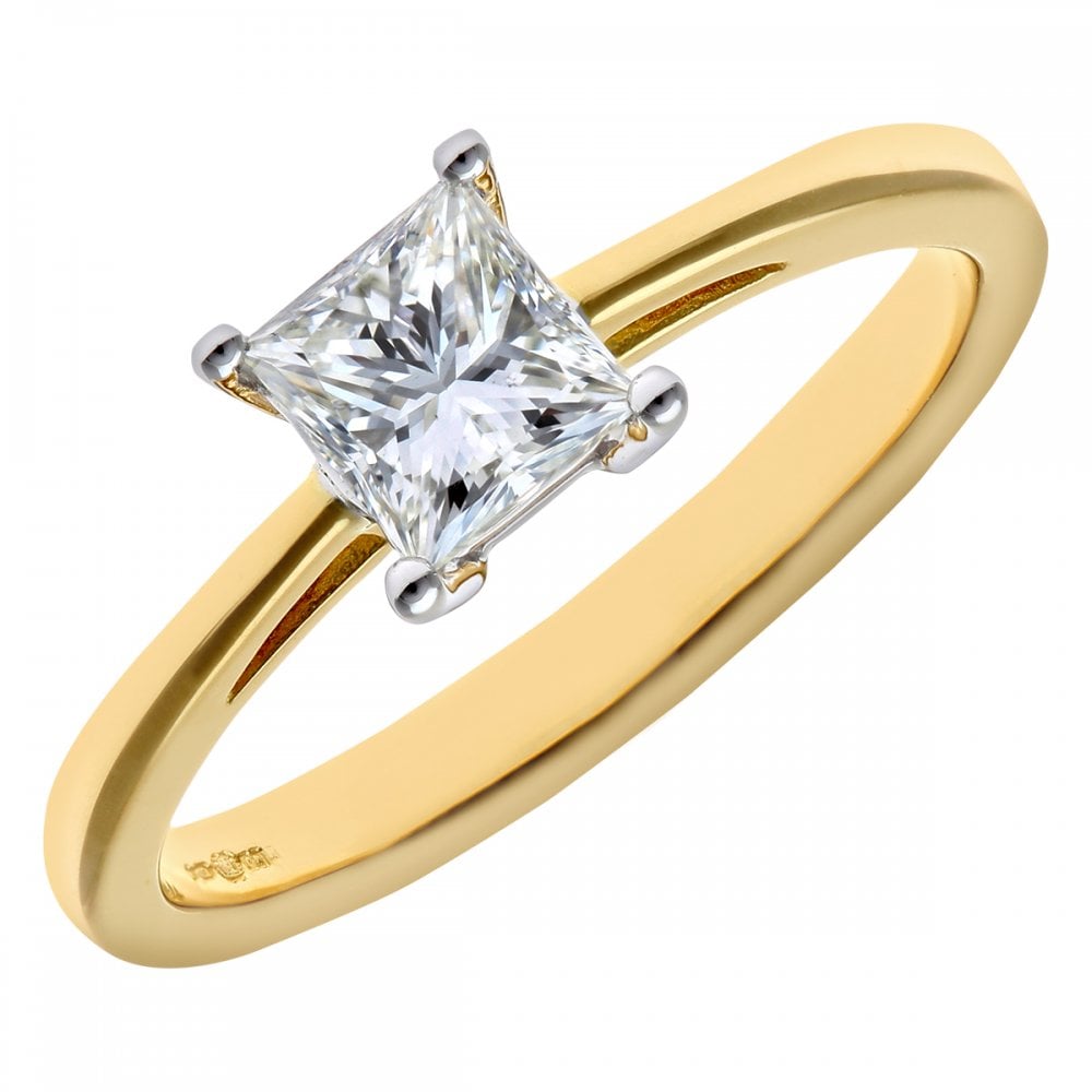 SPARKLD 18ct Yellow Gold Four Claw J/I Certified Princess Cut 0.75ct Diamond Solitaire Engagement Ring