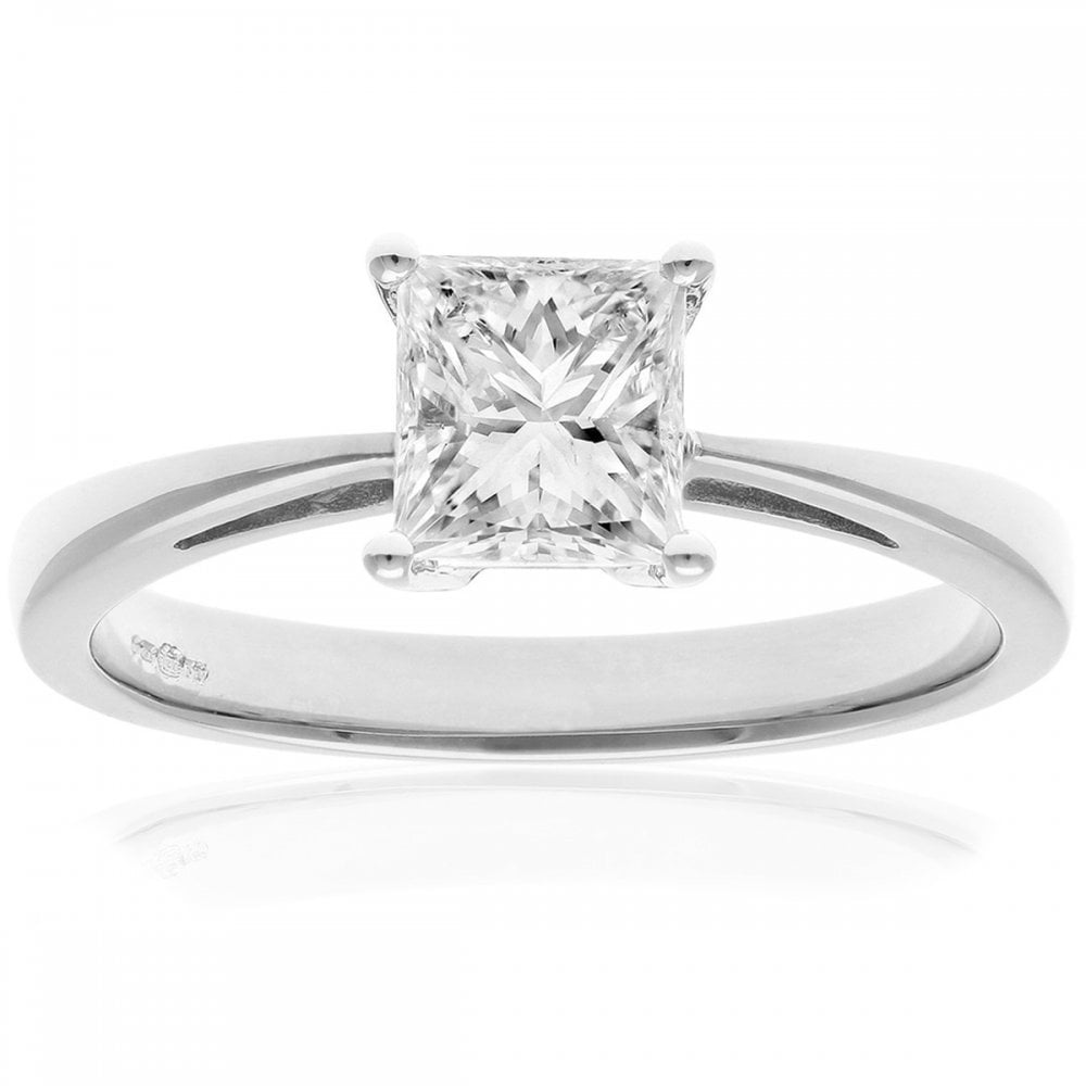 SPARKLD 18ct White Gold Four Claw J/SI Certified Princess Cut 1.00ct Diamond Solitaire Engagement Ring