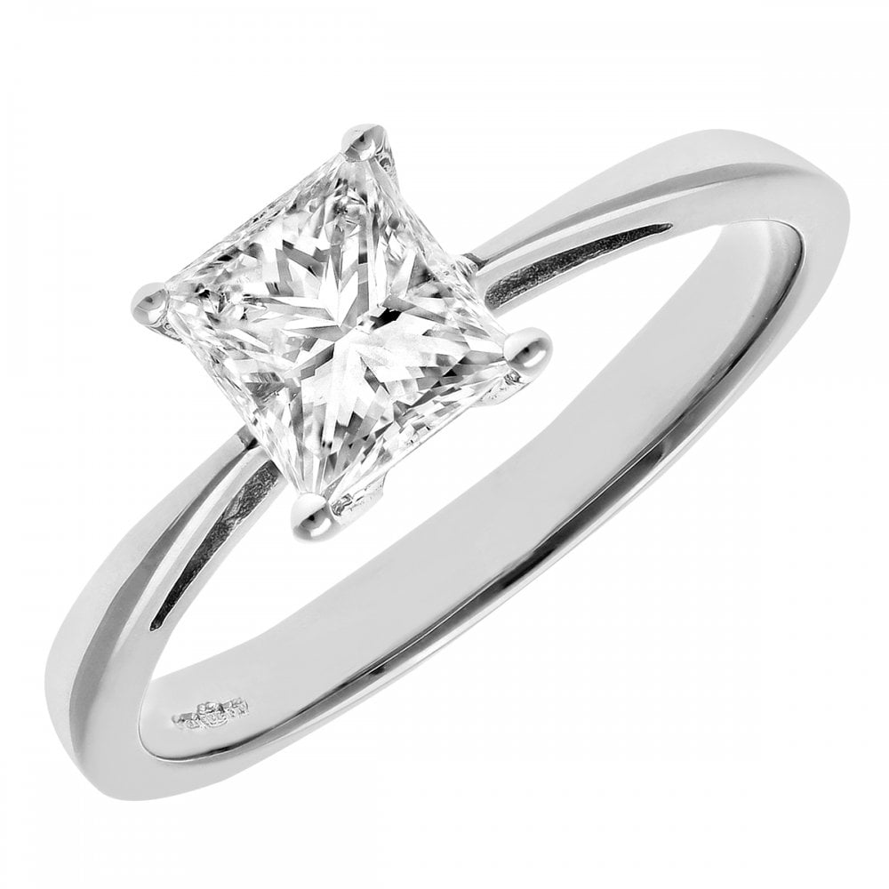 SPARKLD 18ct White Gold Four Claw J/SI Certified Princess Cut 1.00ct Diamond Solitaire Engagement Ring