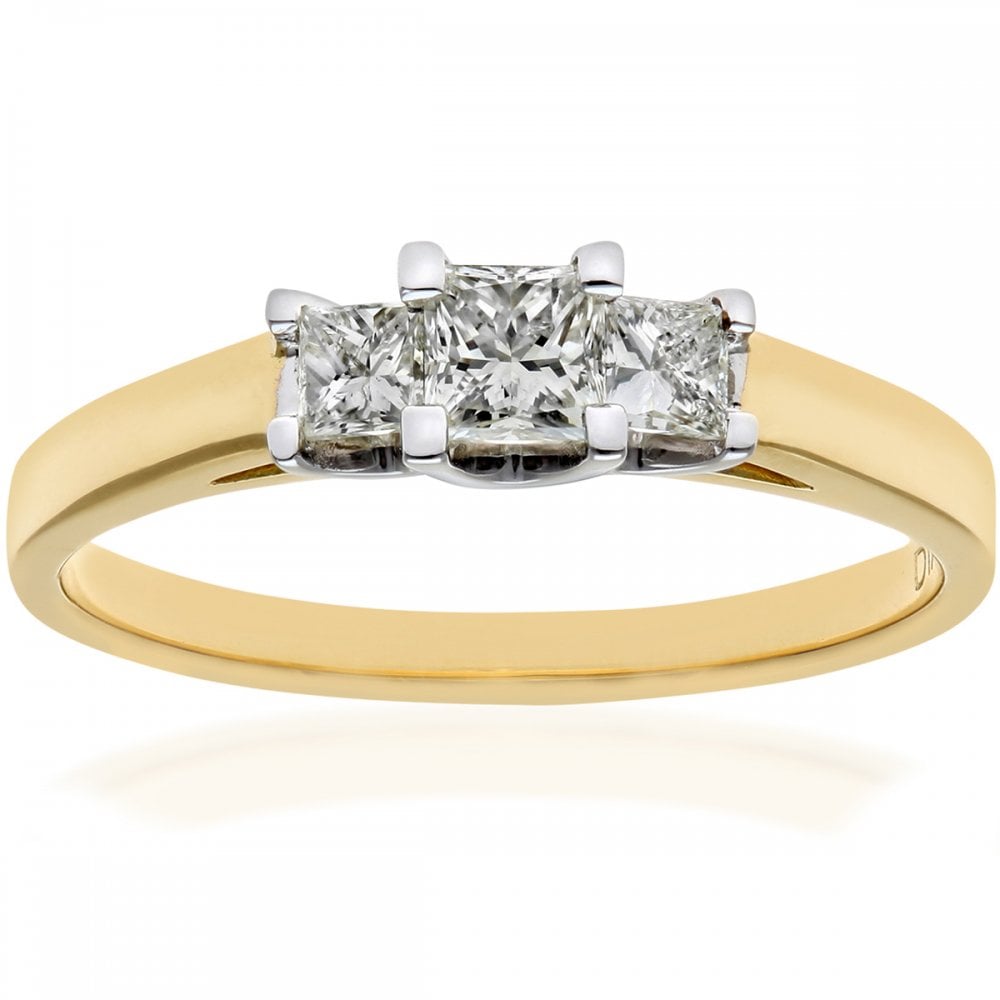 SPARKLD 18ct Yellow Gold J/I Certified Princess Cut 0.50ct Diamonds Trilogy Ring