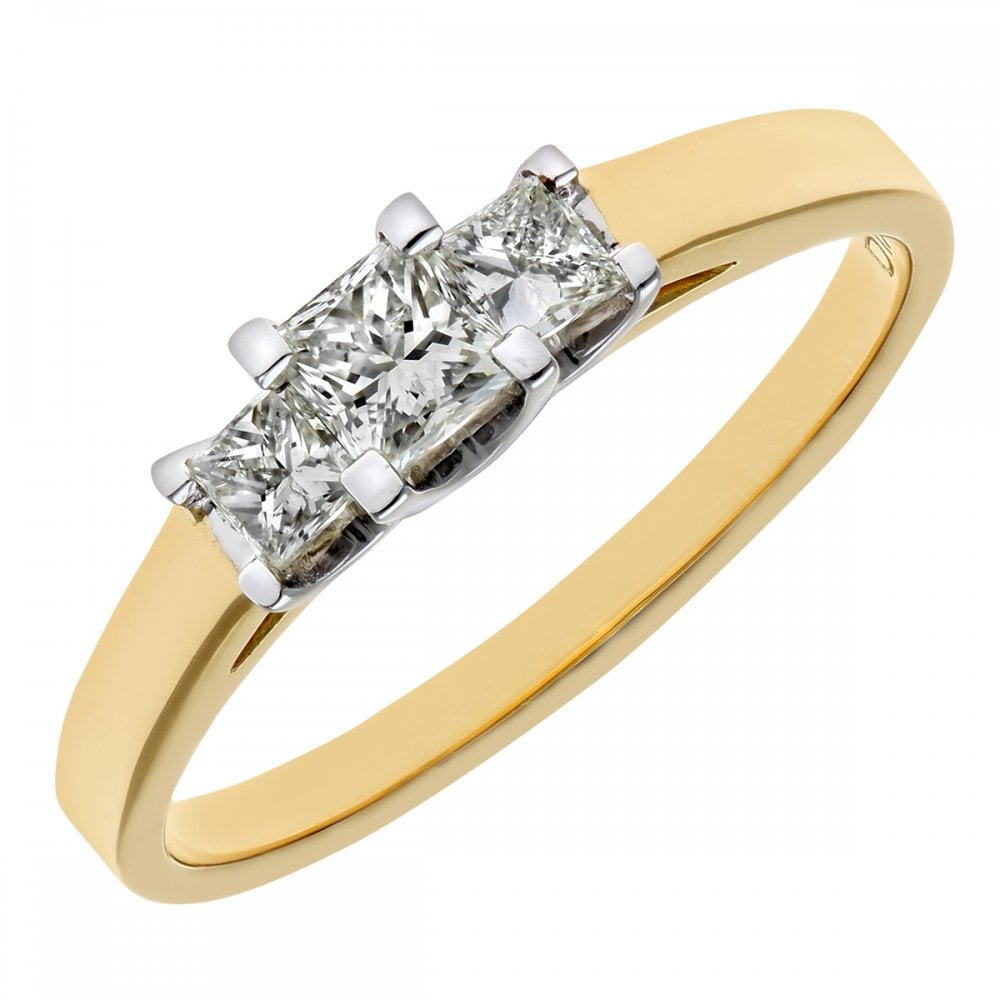 SPARKLD 18ct Yellow Gold J/I Certified Princess Cut 0.50ct Diamonds Trilogy Ring