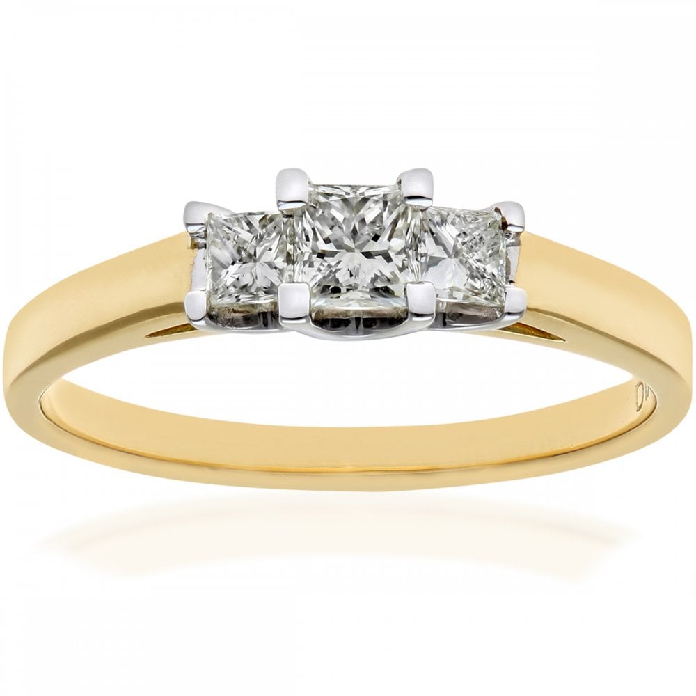 SPARKLD 18ct Yellow Gold J/SI Certified Princess Cut 0.50ct Diamonds Trilogy Ring