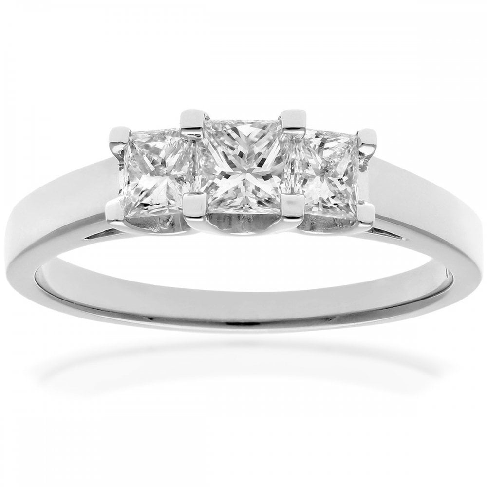 SPARKLD 18ct White Gold Four Claw J/I Certified Princess Cut 0.75ct Diamonds Trilogy Ring