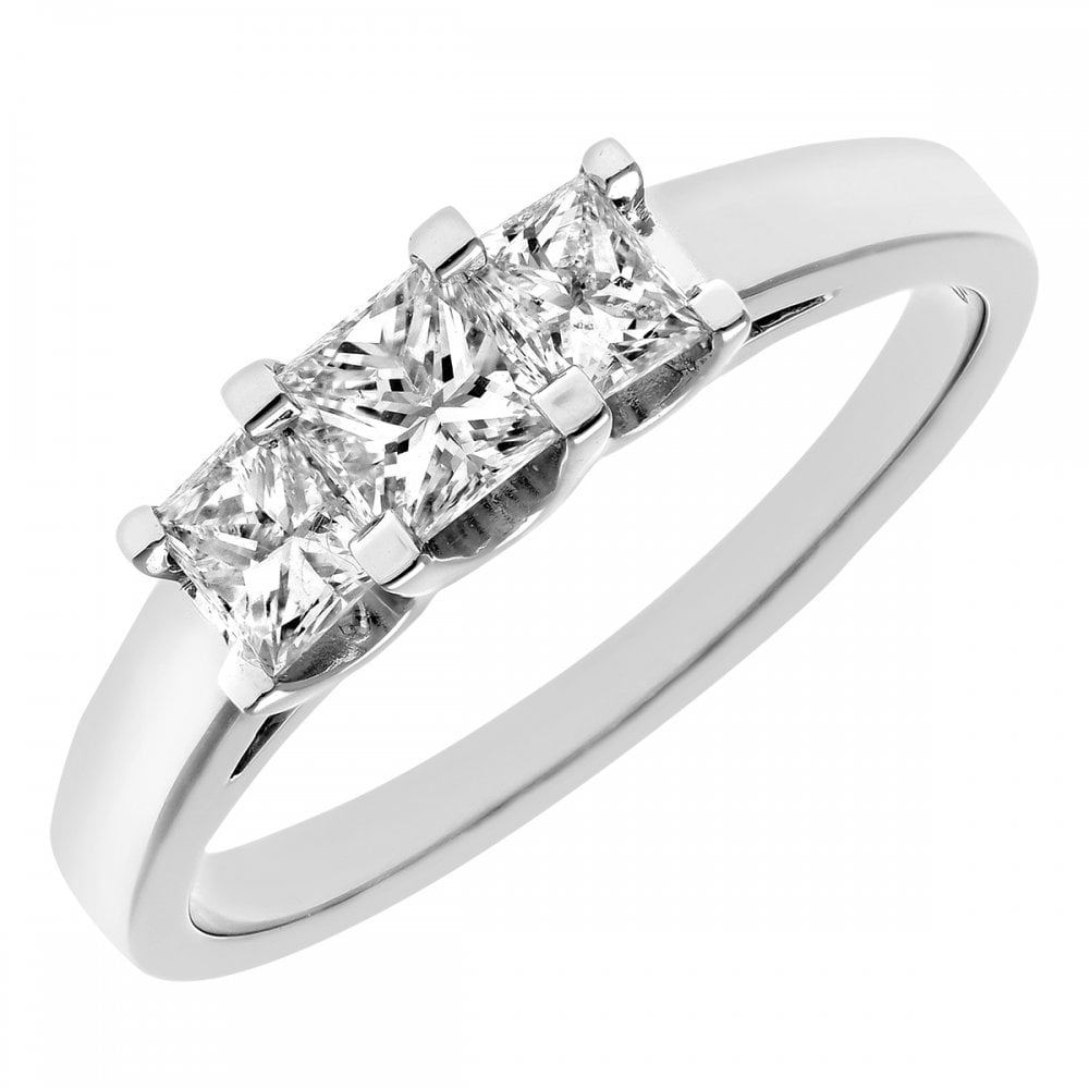 SPARKLD 18ct White Gold Four Claw J/I Certified Princess Cut 0.75ct Diamonds Trilogy Ring