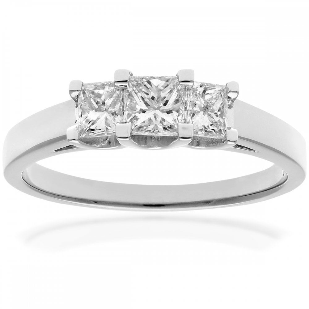 SPARKLD 18ct White Gold Four Claw J/SI Certified Princess Cut 0.75ct Diamonds Trilogy Ring