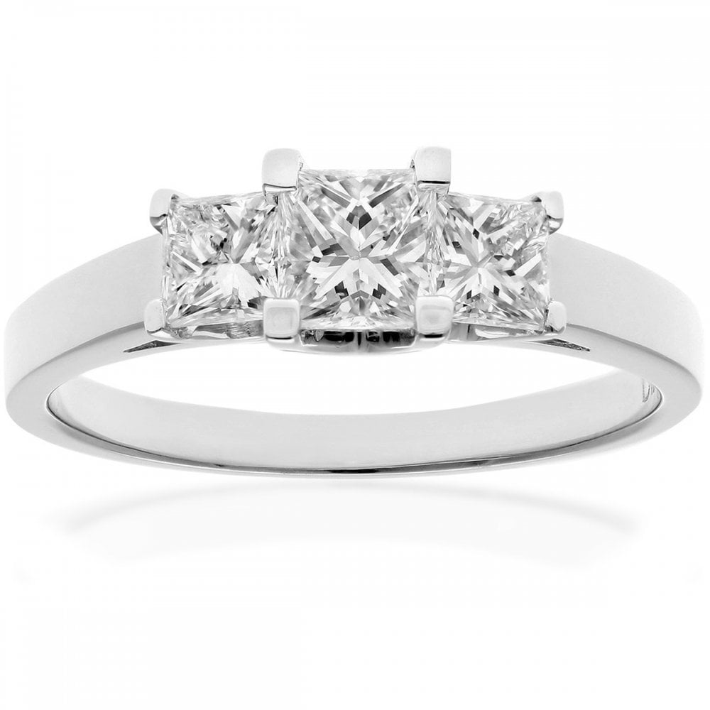 SPARKLD 18ct White Gold Four Claw J/I Certified Princess Cut 1.00ct Diamonds Trilogy Ring