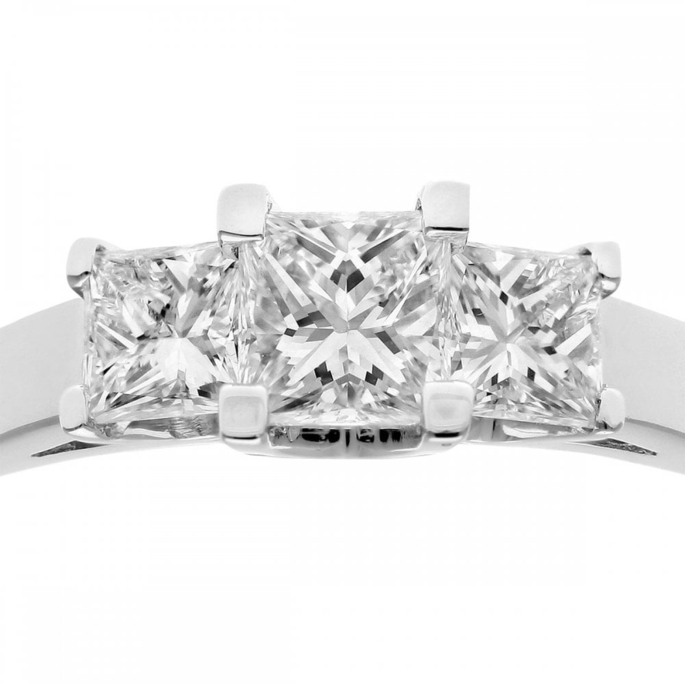 SPARKLD 18ct White Gold Four Claw J/I Certified Princess Cut 1.00ct Diamonds Trilogy Ring