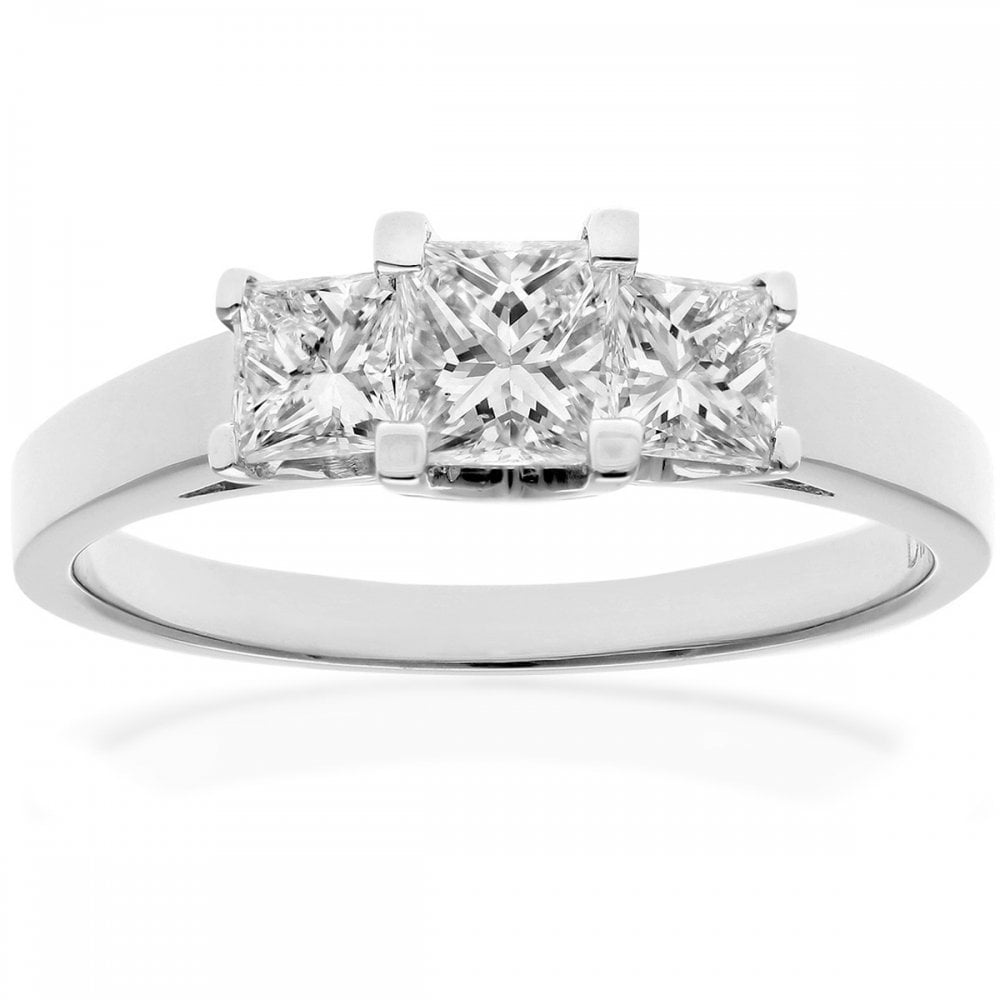 SPARKLD 18ct White Gold Four Claw J/SI Certified Princess Cut 1.00ct Diamonds Trilogy Ring