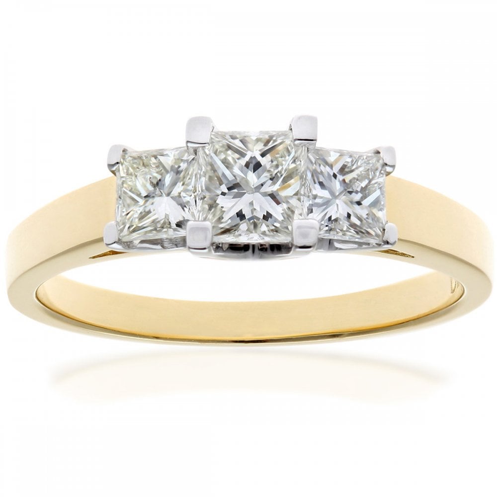 SPARKLD 18ct Yellow Gold J/I Certified Princess Cut 1.00ct Diamonds Trilogy Ring