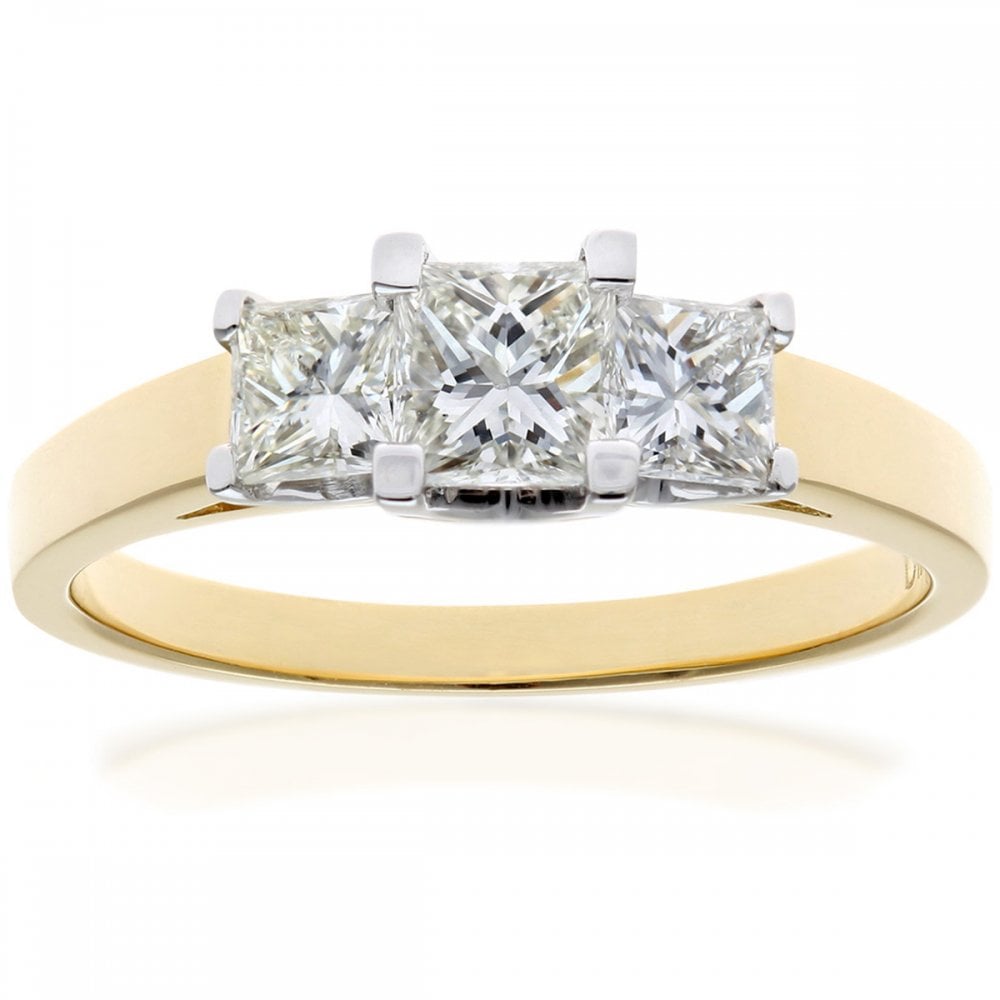 SPARKLD 18ct Yellow Gold J/SI Certified Princess Cut 1.00ct Diamonds Trilogy Ring