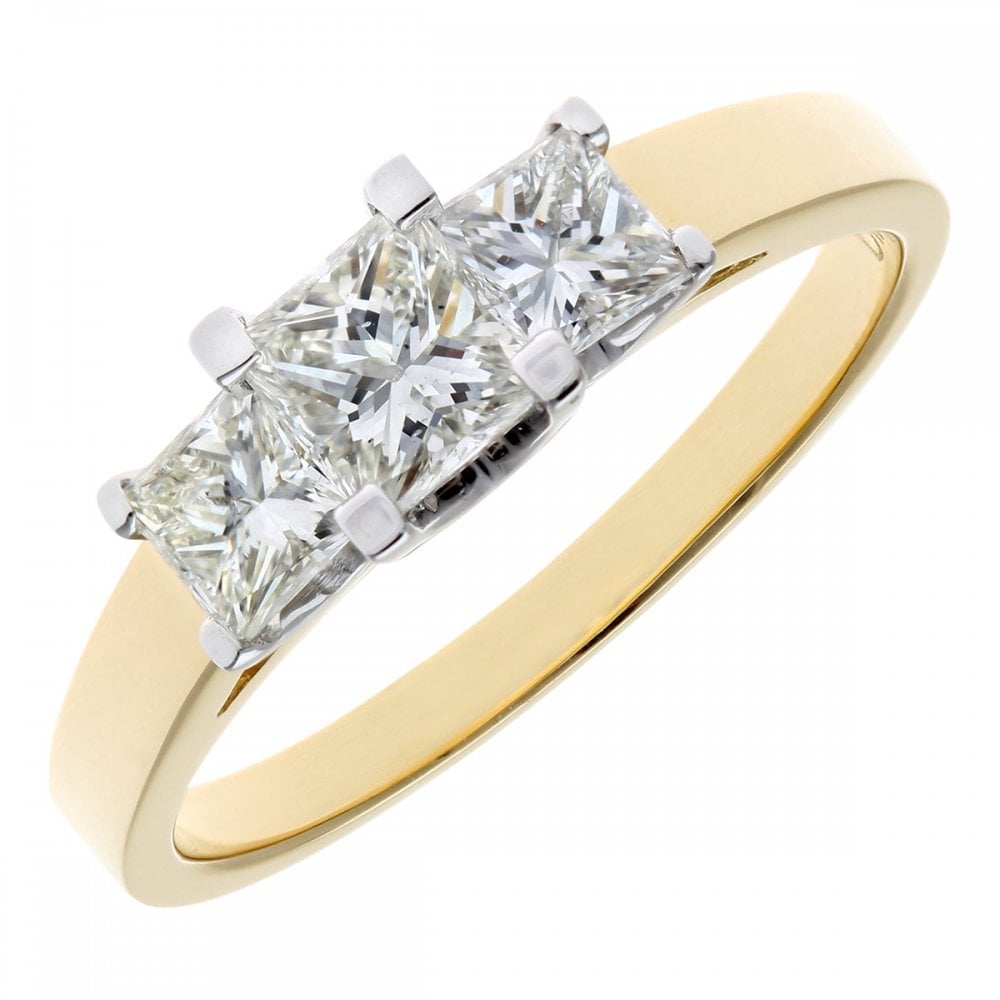 SPARKLD 18ct Yellow Gold J/SI Certified Princess Cut 1.00ct Diamonds Trilogy Ring