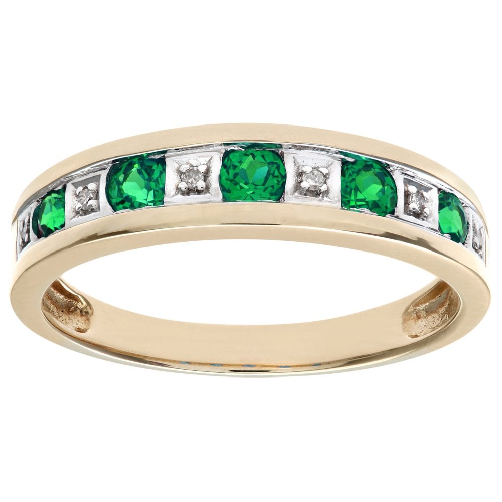 SPARKLD 9ct Yellow Gold Round Brilliant Emerald and 0.25ct Diamonds Eternity Ring