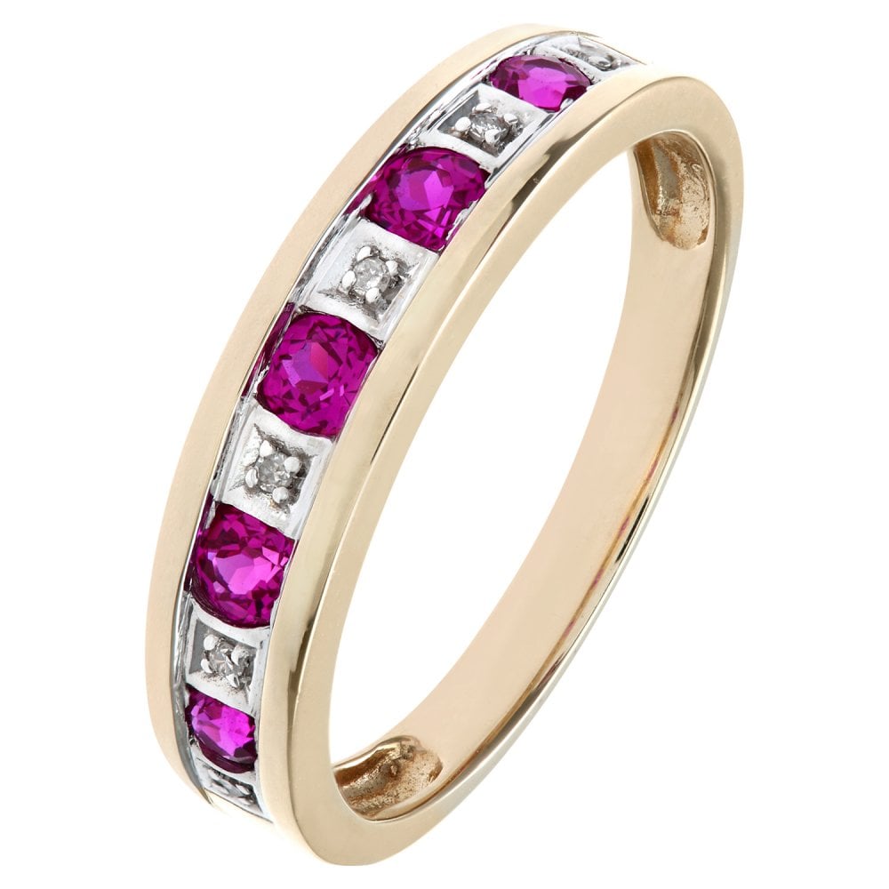 SPARKLD 9ct Yellow Gold Round Brilliant Ruby and 0.25ct Diamond Eternity Ring