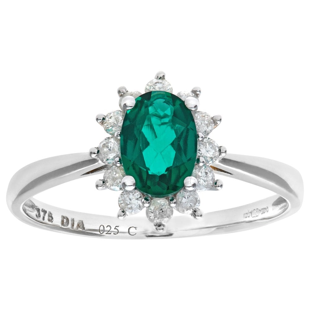 SPARKLD 9ct White Gold Round Brilliant 0.25ct Emerald and Diamond Oval Cluster Ring