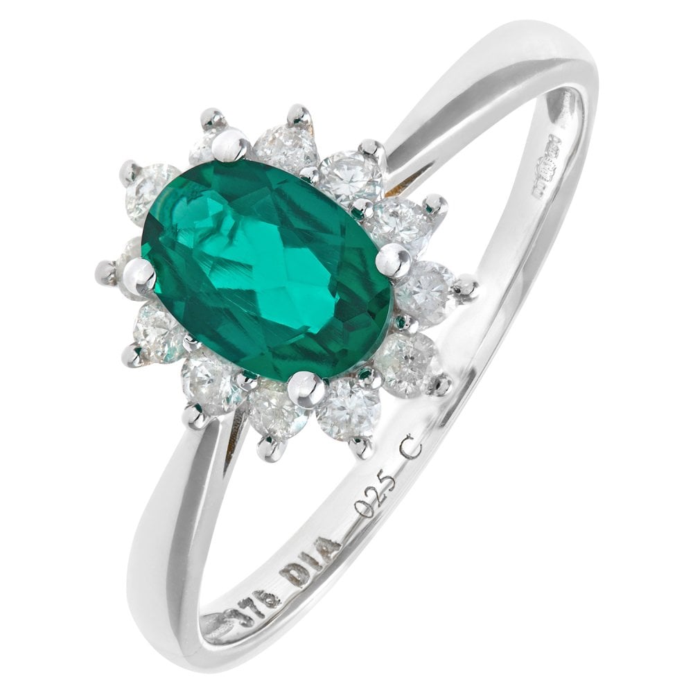 SPARKLD 9ct White Gold Round Brilliant 0.25ct Emerald and Diamond Oval Cluster Ring