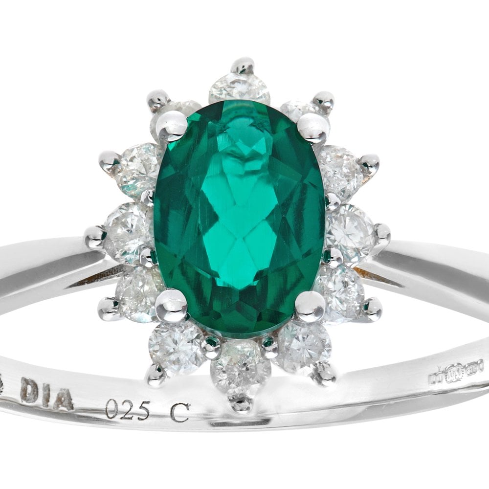 SPARKLD 9ct White Gold Round Brilliant 0.25ct Emerald and Diamond Oval Cluster Ring