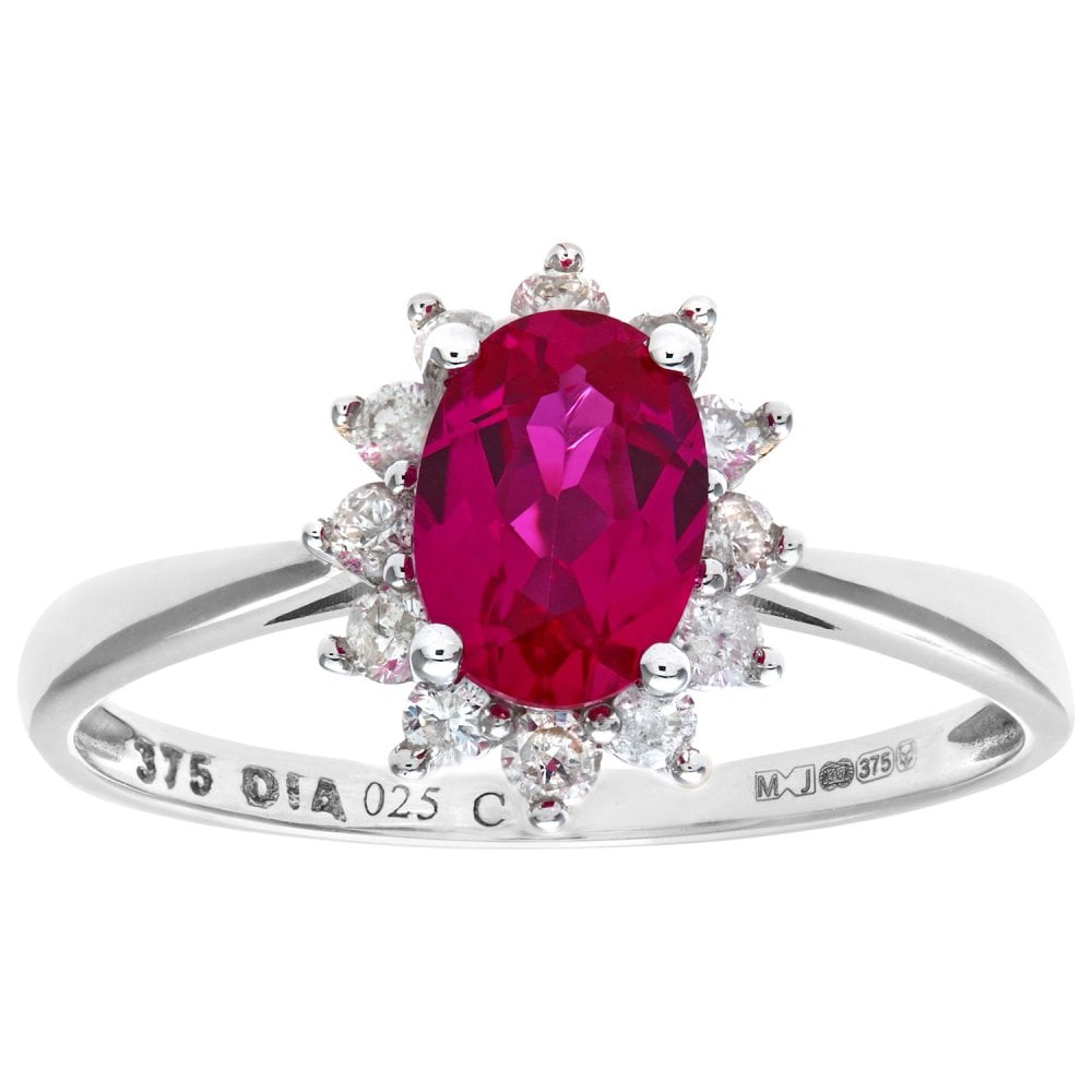 SPARKLD 9ct White Gold Round Brilliant 0.25ct Ruby and Diamond Oval Cluster Ring
