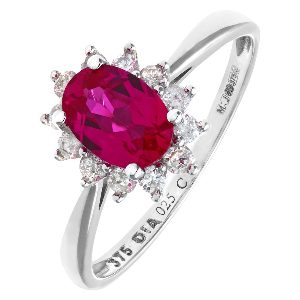 SPARKLD 9ct White Gold Round Brilliant 0.25ct Ruby and Diamond Oval Cluster Ring