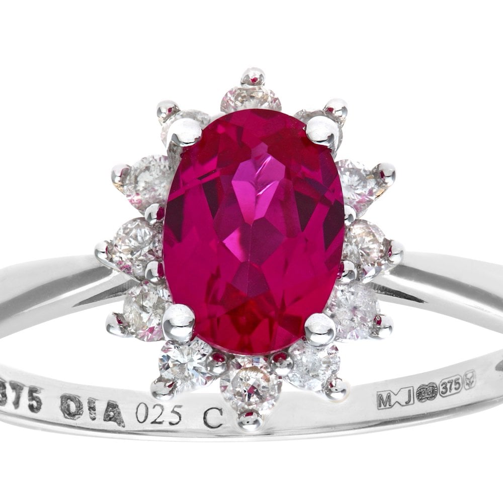 SPARKLD 9ct White Gold Round Brilliant 0.25ct Ruby and Diamond Oval Cluster Ring